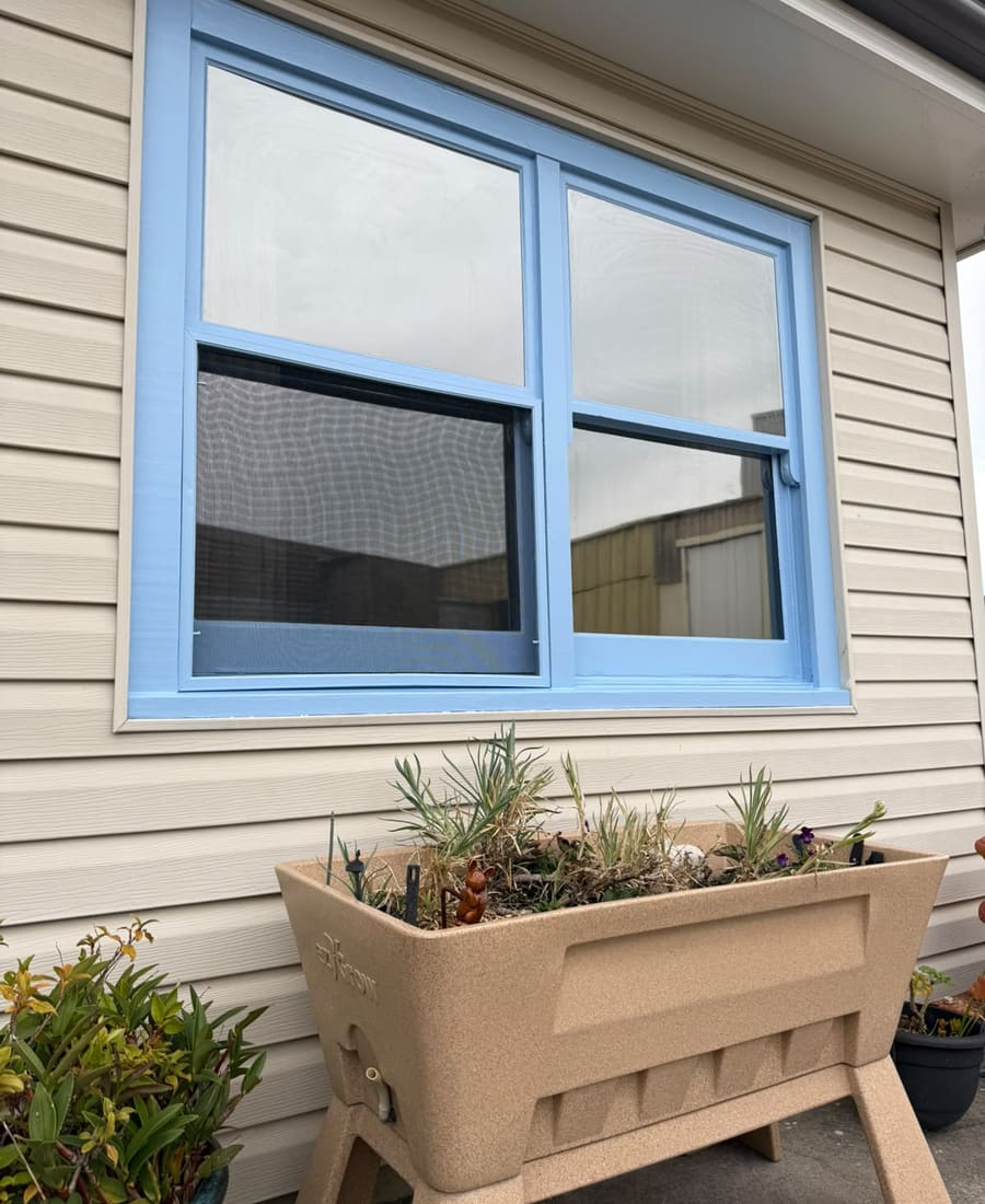 Window frames after being repainted in soft blue